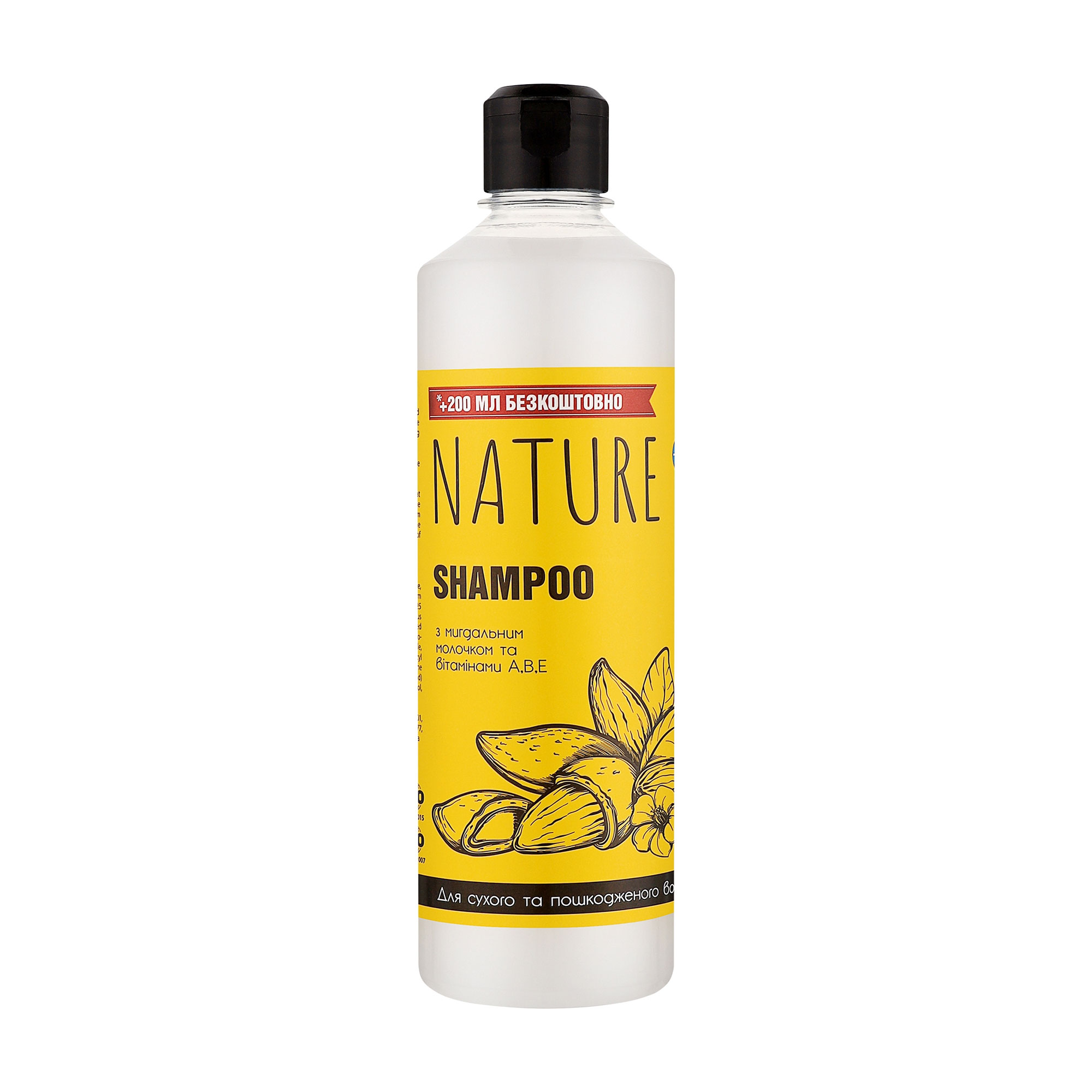 Шампунь Bioton Cosmetics Nature Shampoo для сухого та пошкодженого волосся, з мигдальним молочком та вітамінами А, В, Е, 500 мл